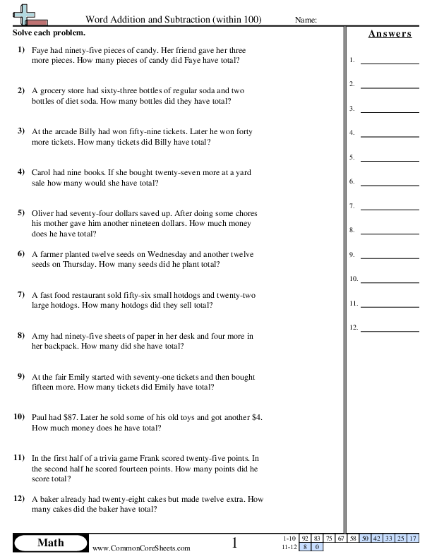 Word Addition Within 100 worksheet